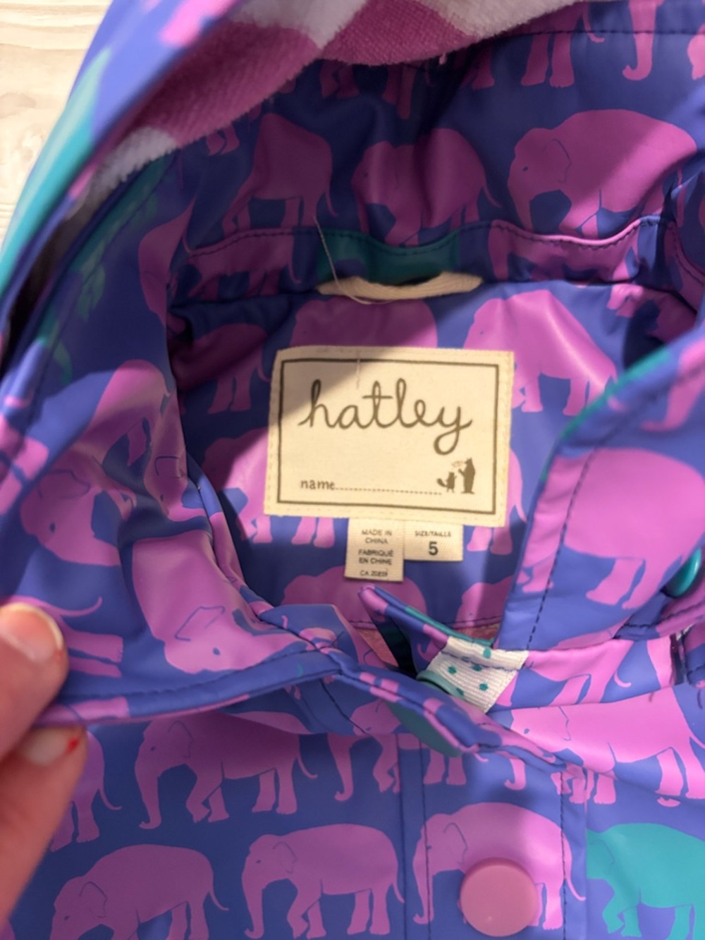 Hatley Purple & Pink Elephant Detachable Hooded Raincoat Size 5 Fleece Lined - Picture 3 of 5